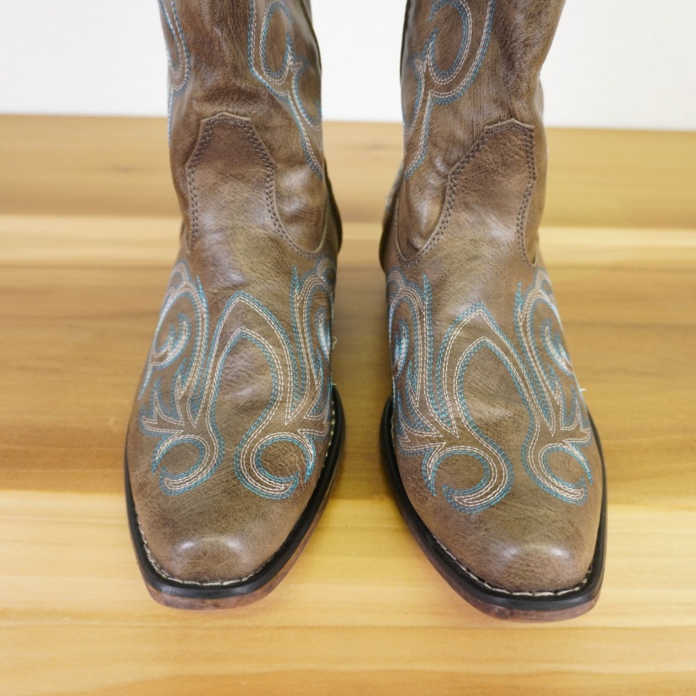 Roper Western Boots Women 10 Brown Turquoise Embroidered Snip Toe Cowboy - Picture 2 of 8